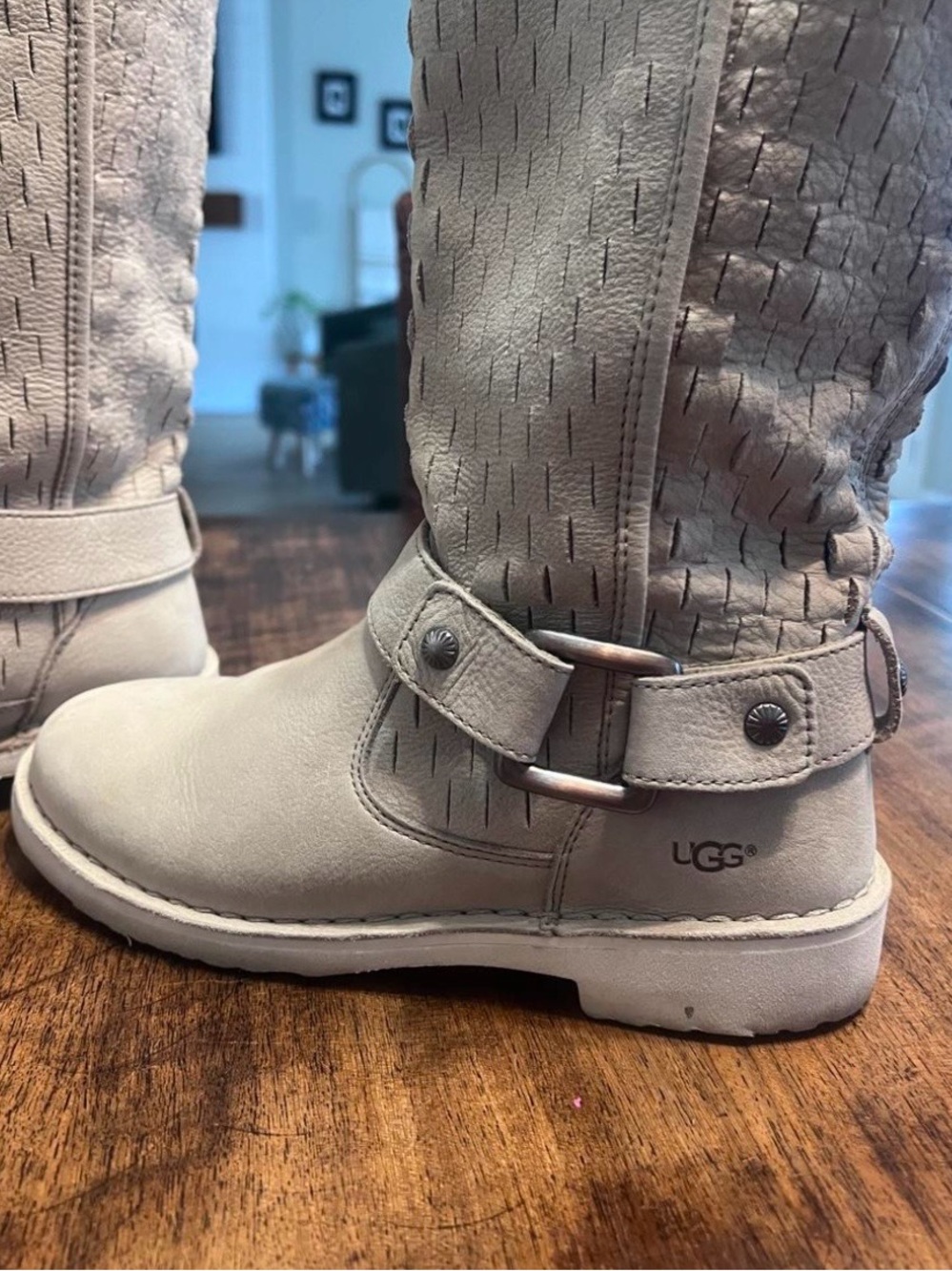 UGG beige Suede Mid-Calf Buckle Heeled Boots